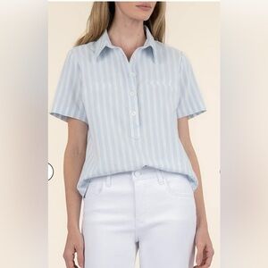 Kut from the Kloth Light Blue and White Striped Henley Shirt
